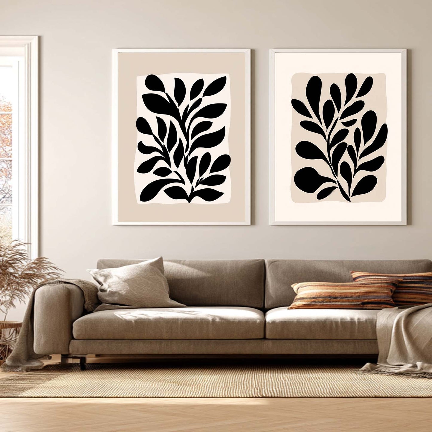 Abstract Leaf Black Beige Canvas Painting Wall Art for Living Room Bedroom Decoration, Poster Print, Frameless