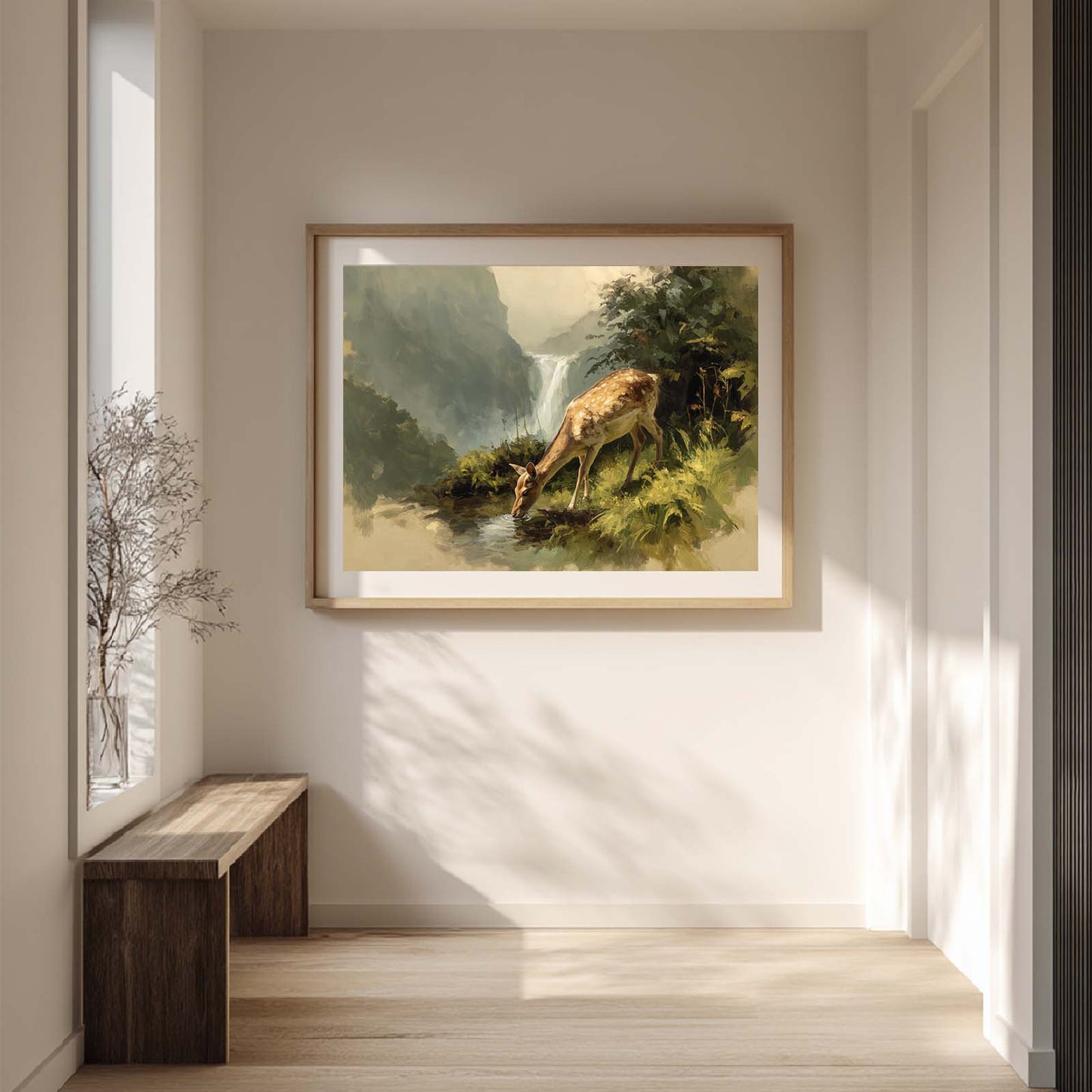 Abstract Deer Animal Canvas Painting Scenery Waterfall Wall Art Pictures for Living Room Bedroom Decoration Canvas Pictures Poster Frameless