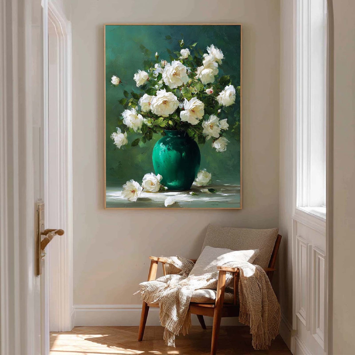 Plant White Rose in Green Vase