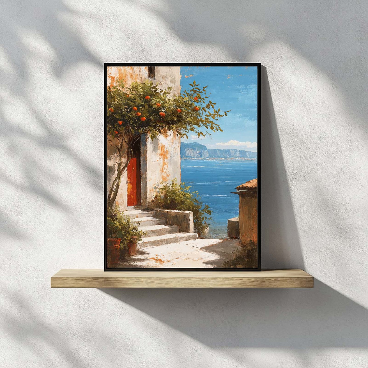 Modern Landscape, Mediterranean Courtyard, Orange Trees, Sea Canvas Paintin Wall Art for Bathroom Decoration, Poster Print, Frameless