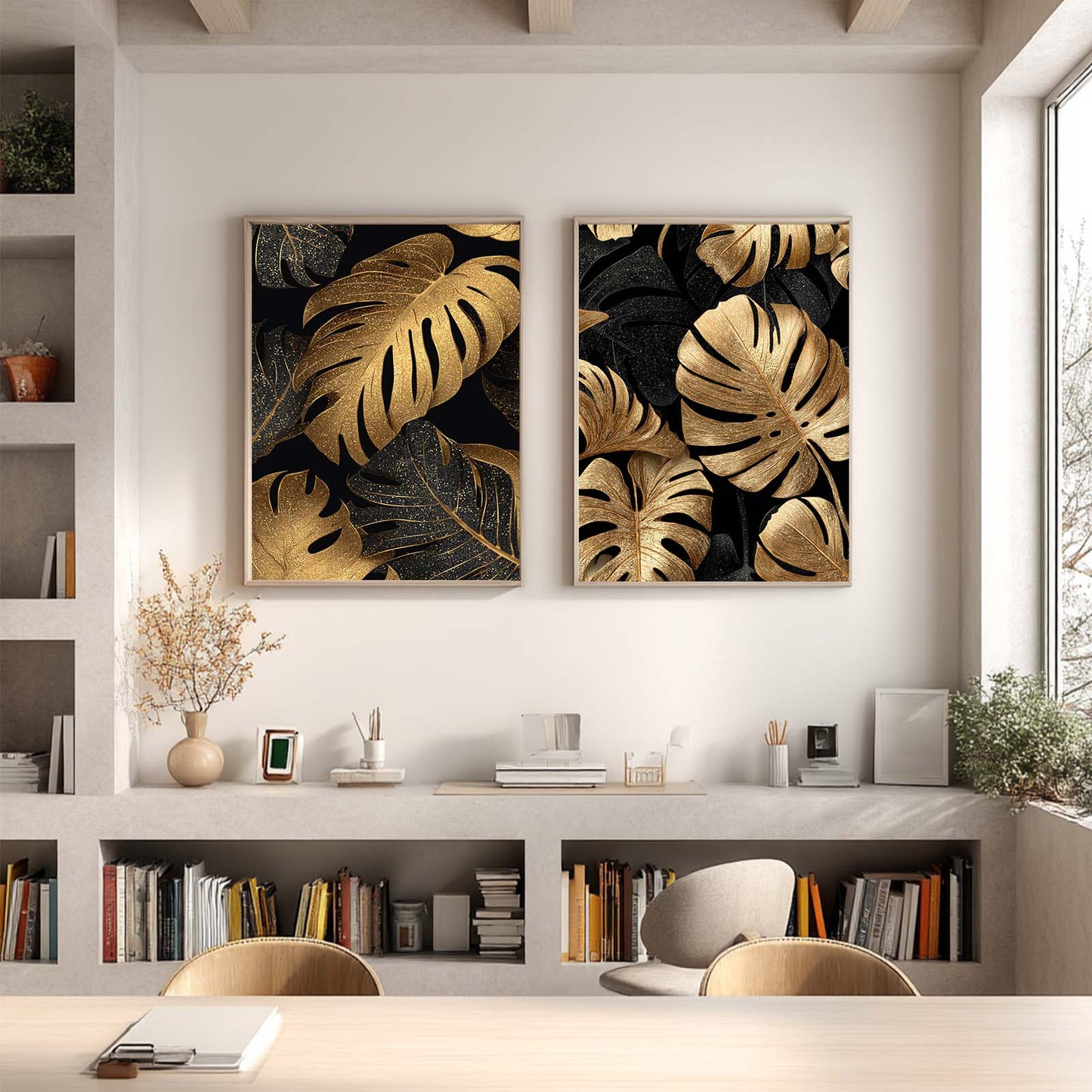 Abstract Black Gold Monstera Leaves