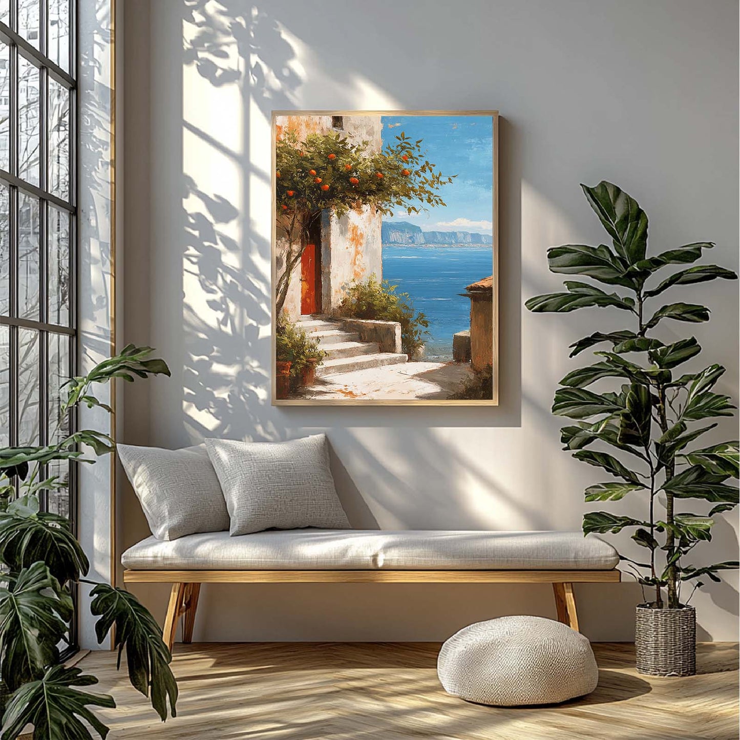 Modern Landscape, Mediterranean Courtyard, Orange Trees, Sea Canvas Paintin Wall Art for Bathroom Decoration, Poster Print, Frameless