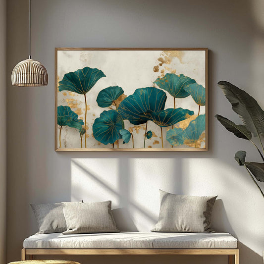 Abstract Green Lotus Leaf Gold Lines Canvas Paintin Wall Art for Bathroom Decoration, Poster Print, Frameless