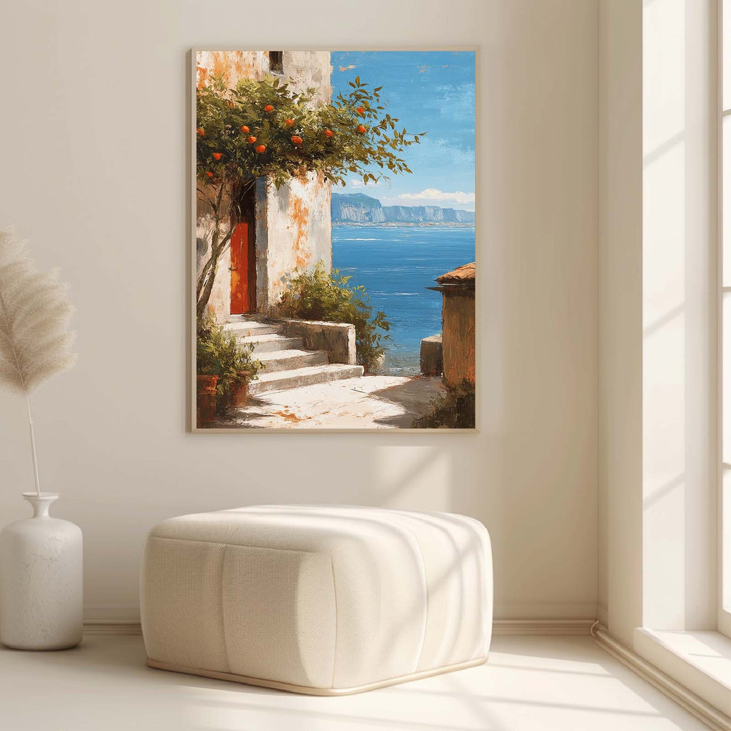 Modern Landscape, Mediterranean Courtyard, Orange Trees, Sea Canvas Paintin Wall Art for Bathroom Decoration, Poster Print, Frameless