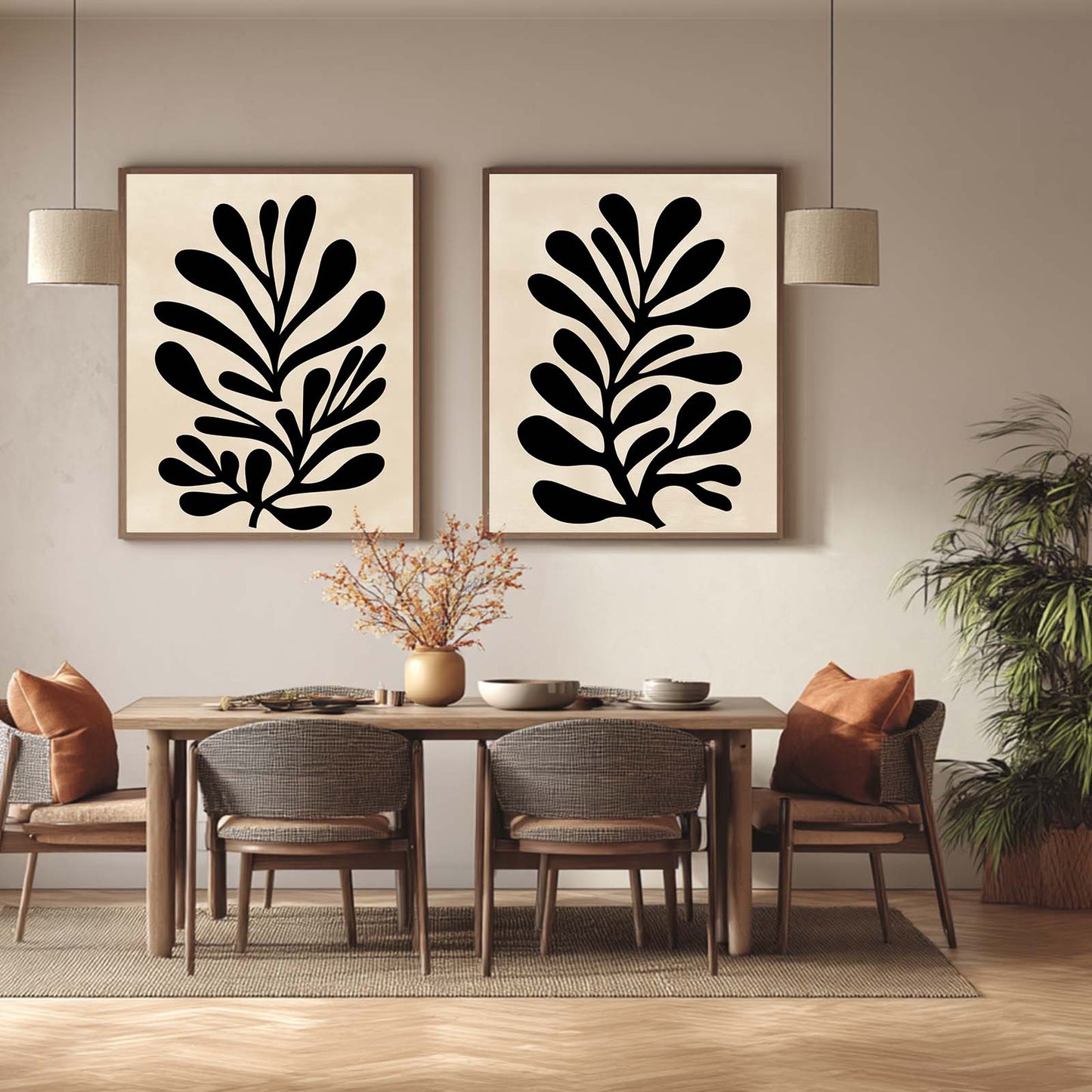 Abstract Leaf Beige Black Canvas Painting Wall Art for Living Room Bedroom Decoration, Poster Print, Frameless