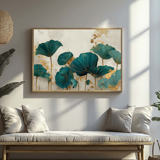 Abstract Green Lotus Leaf Gold Lines Canvas Paintin Wall Art for Bathroom Decoration, Poster Print, Frameless