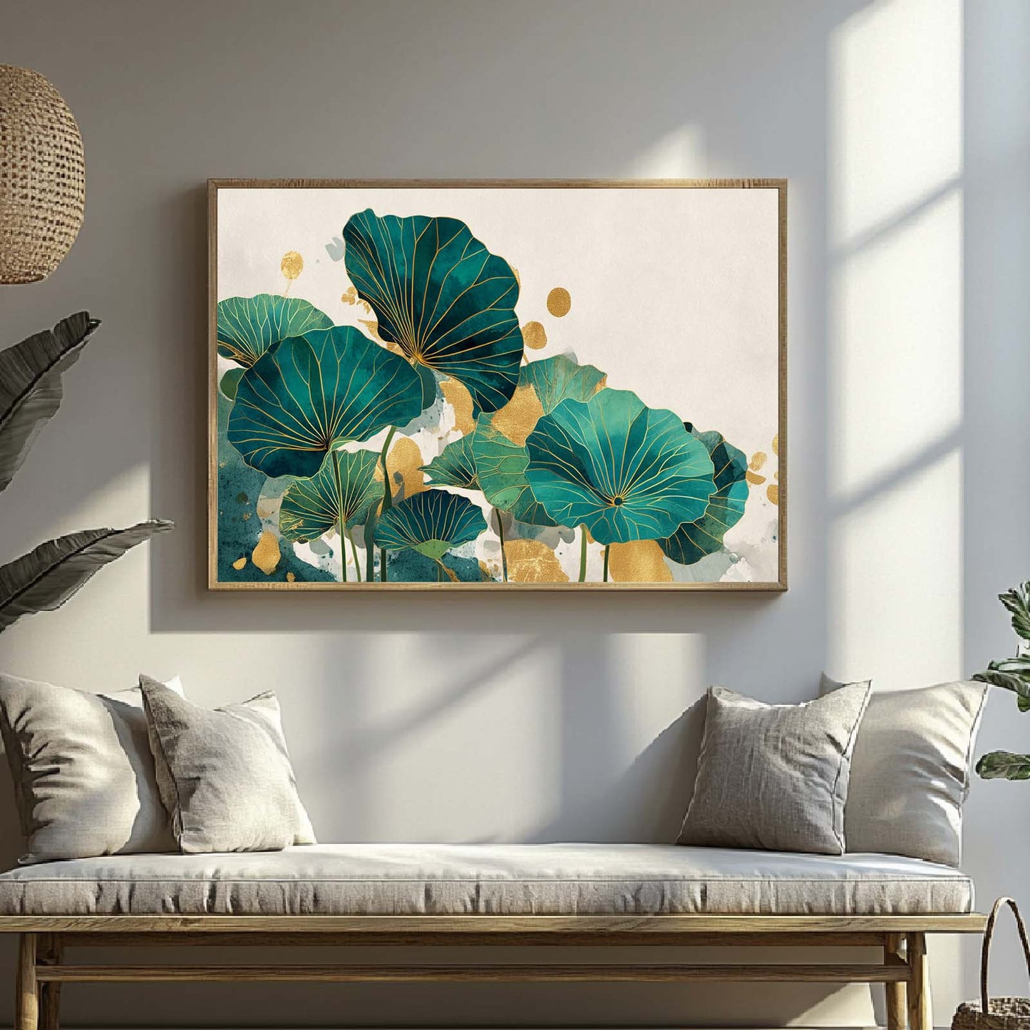 Abstract Green Lotus Leaf Gold Lines Canvas Paintin Wall Art for Bathroom Decoration, Poster Print, Frameless