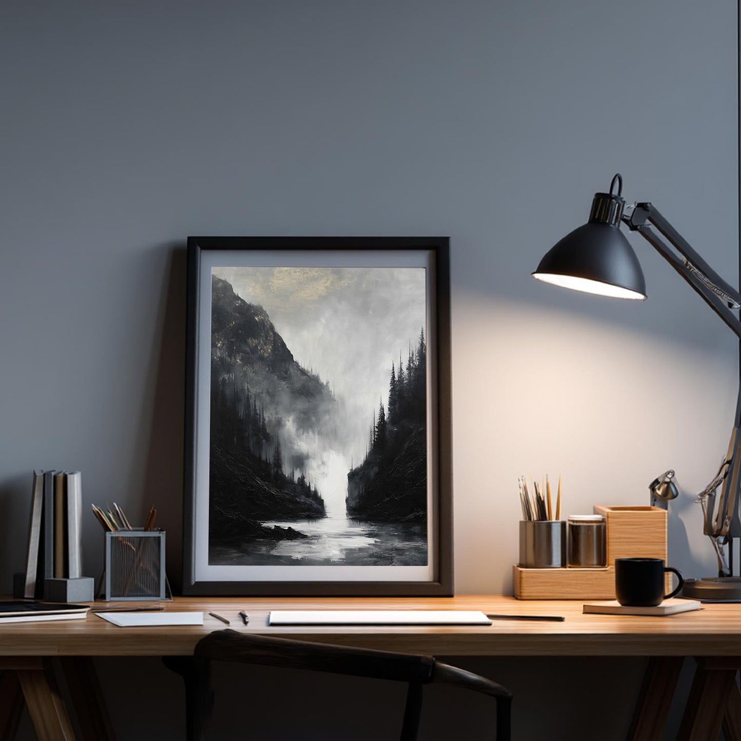 Abstract Landscape Black White Mountain Waterfall