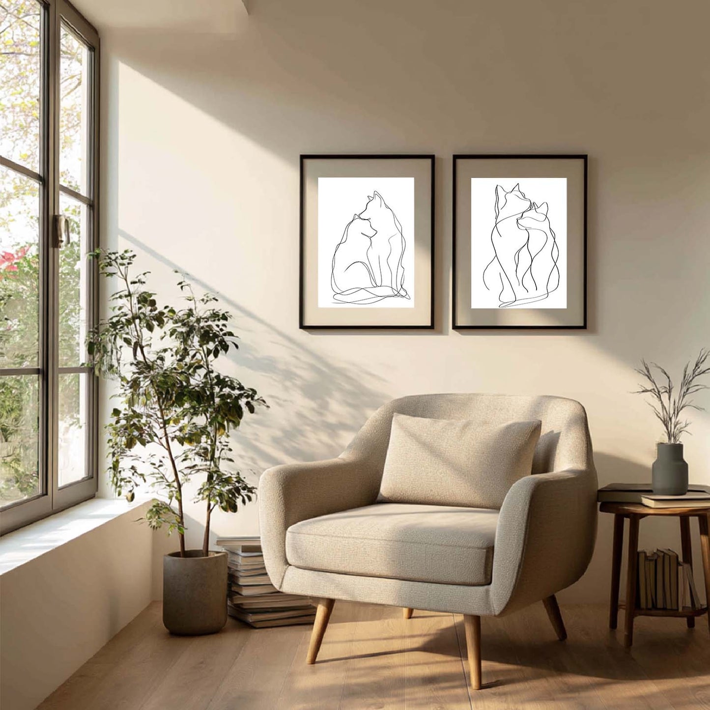 Abstract Minimalist Line Black White Cat and Dog