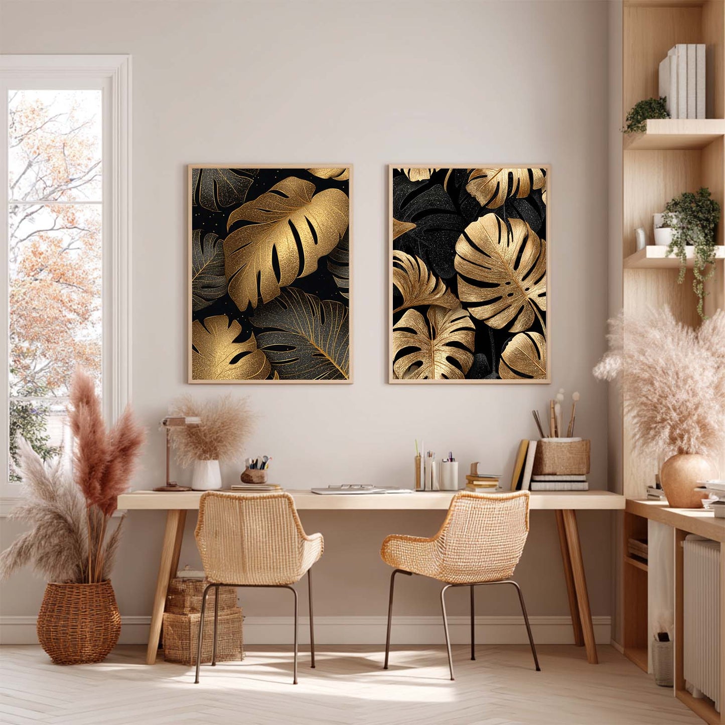 Abstract Black Gold Monstera Leaves