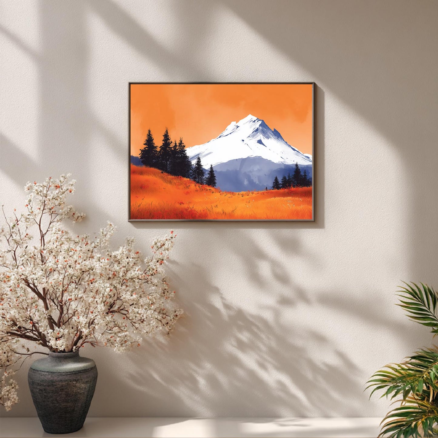 Snowy Mountain Sunset Flowers Hillside Abstract Landscape