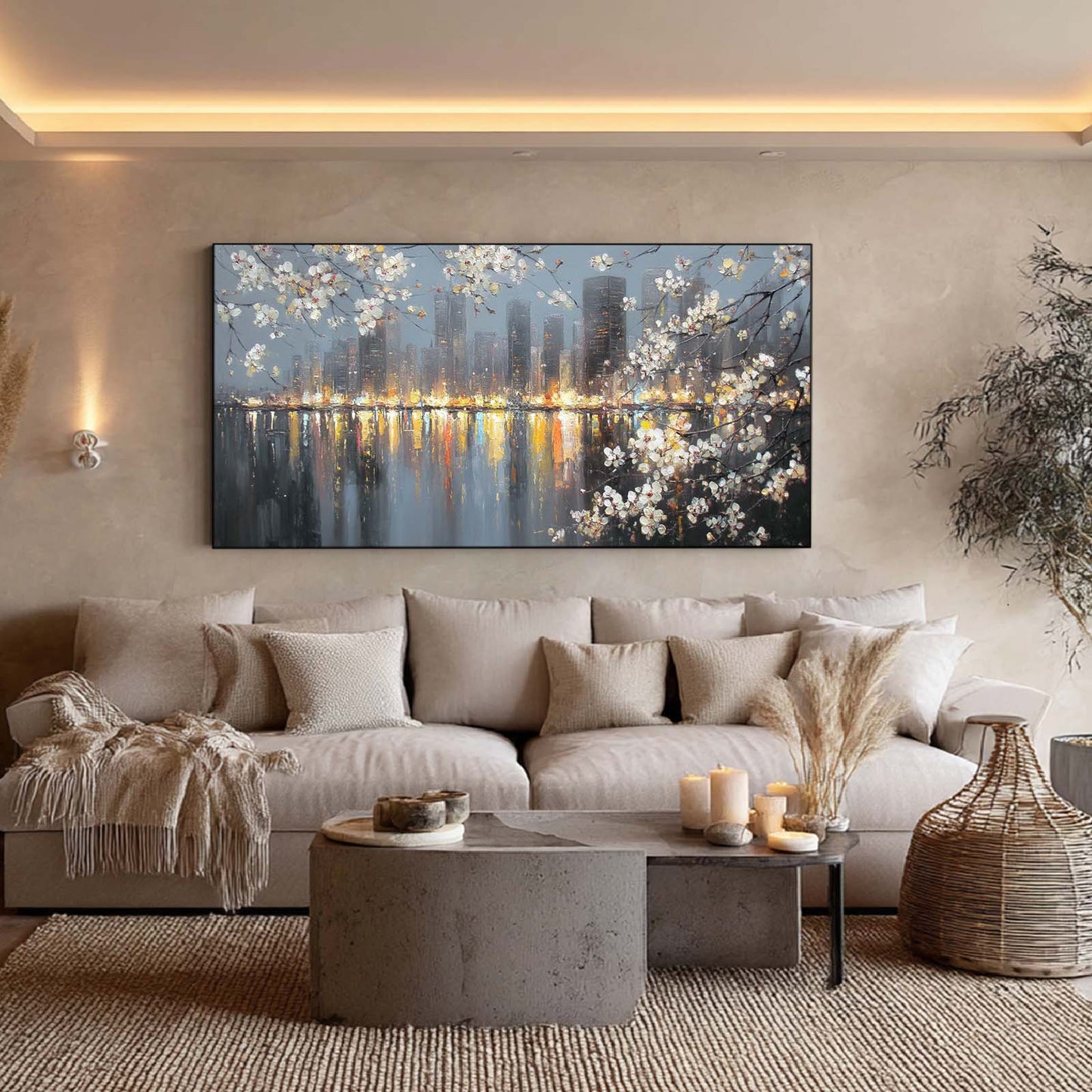 Abstract Oil Painting Pear Blossoms and City Nightscape