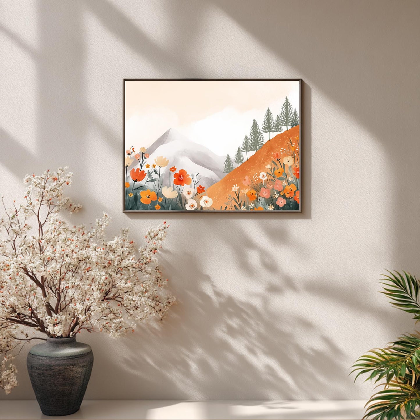 Snowy Mountain Sunset Flowers Hillside Abstract Landscape