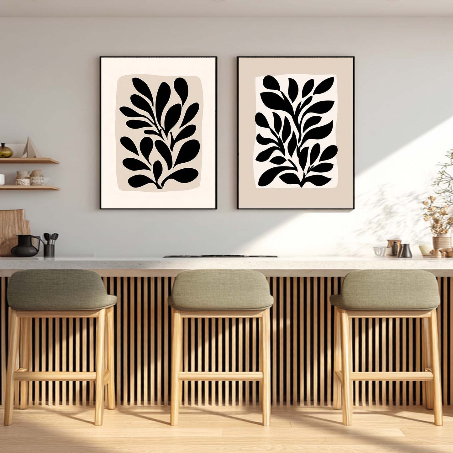 Abstract Leaf Black Beige Canvas Painting Wall Art for Living Room Bedroom Decoration, Poster Print, Frameless