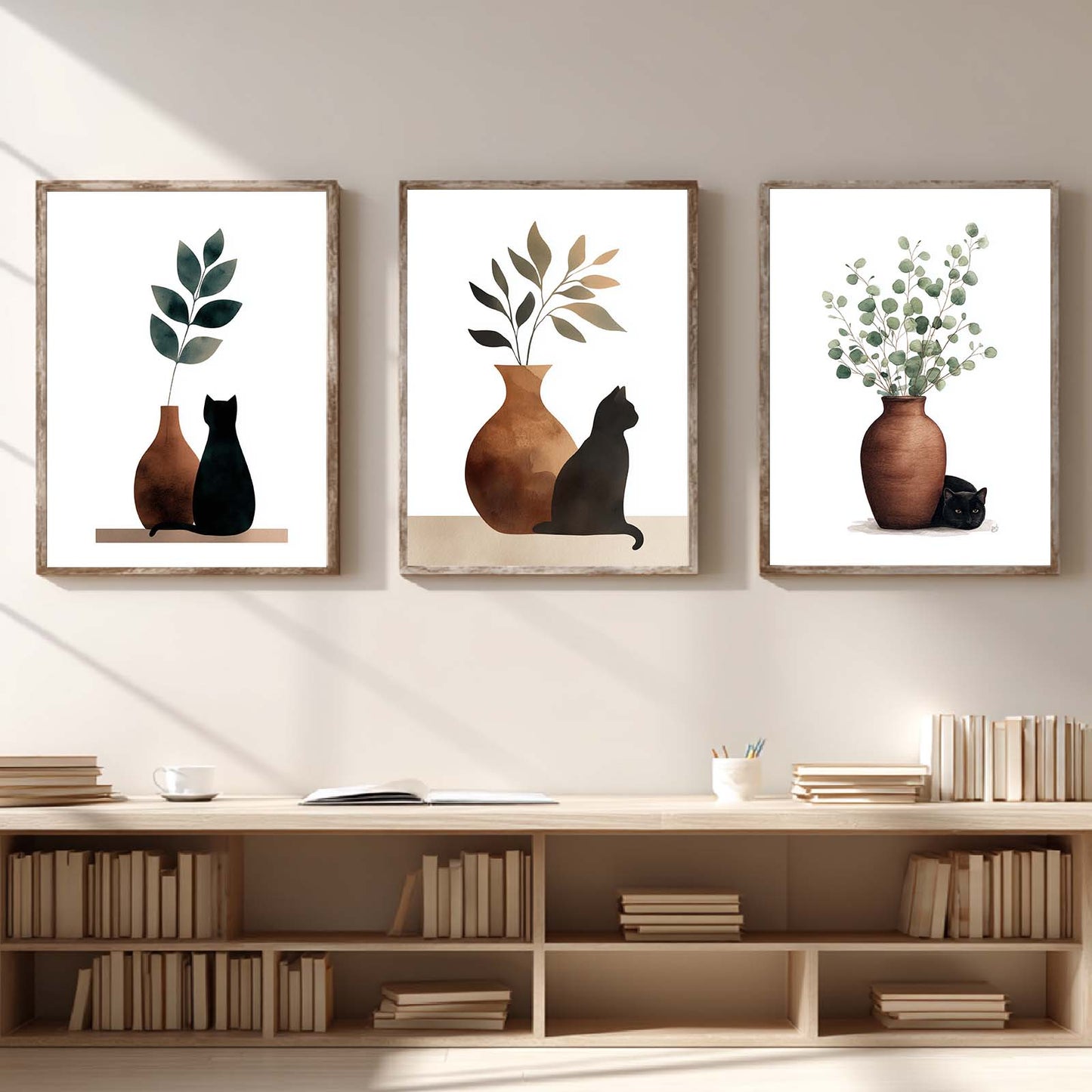 Abstract Green Leaves Plant Vase Cat Canvas Painting Wall Art for Living Room Bedroom Decoration, Poster Print, Frameless