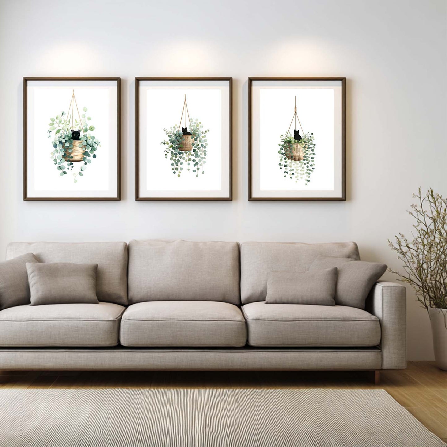 Abstract Green Leaves Plant Vase Cat Canvas Painting Wall Art for Living Room Bedroom Decoration, Poster Print, Frameless