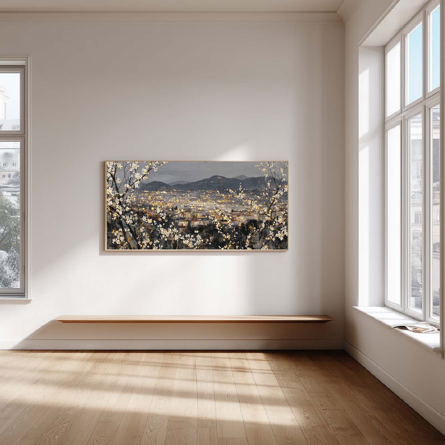 Abstract Oil Painting Pear Blossoms and City Nightscape