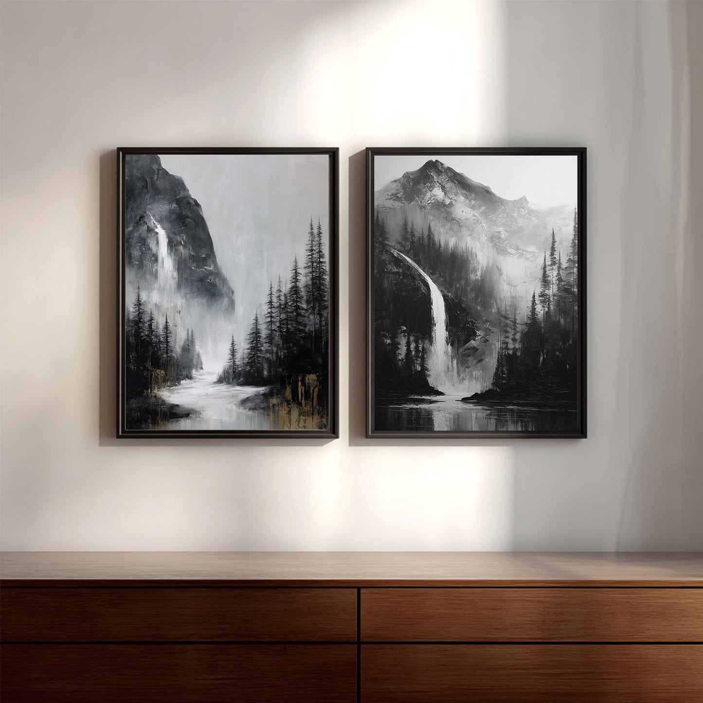 Abstract Landscape Black White Mountain Waterfall