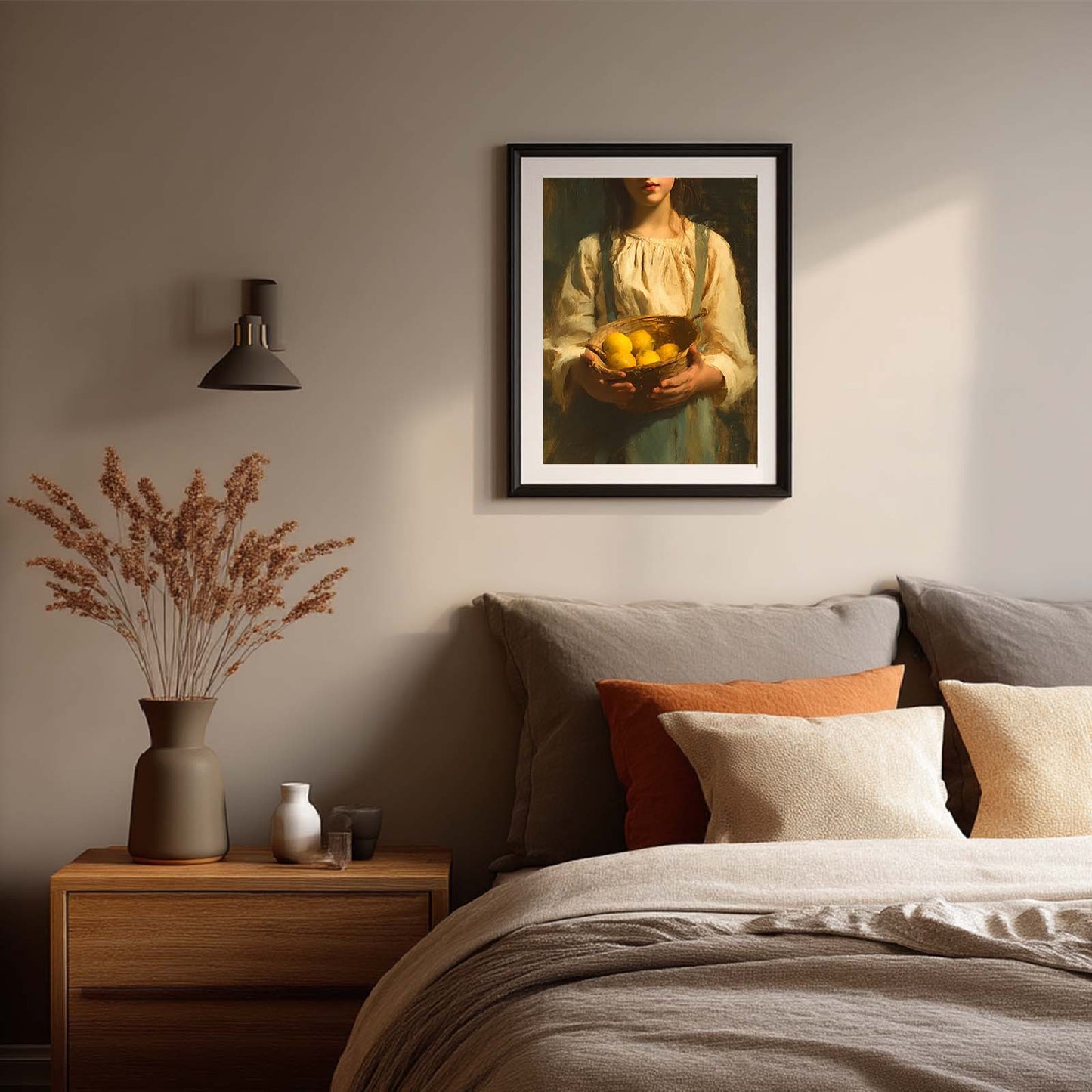 Abstract Oil Painting Vintage Beautiful Girl Holding Lemon