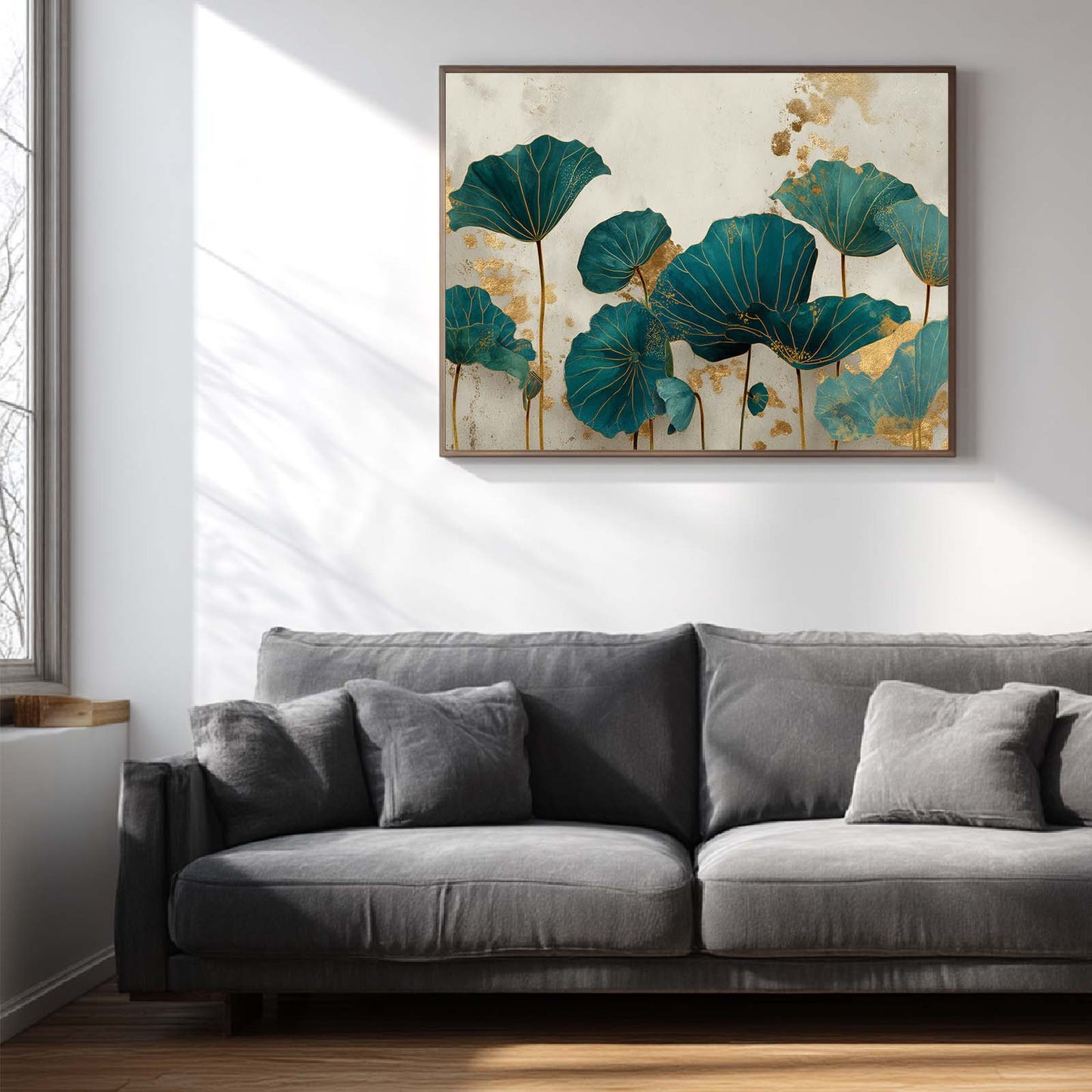 Abstract Green Lotus Leaf Gold Lines Canvas Paintin Wall Art for Bathroom Decoration, Poster Print, Frameless