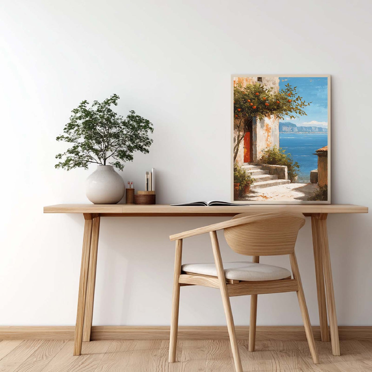Modern Landscape, Mediterranean Courtyard, Orange Trees, Sea Canvas Paintin Wall Art for Bathroom Decoration, Poster Print, Frameless