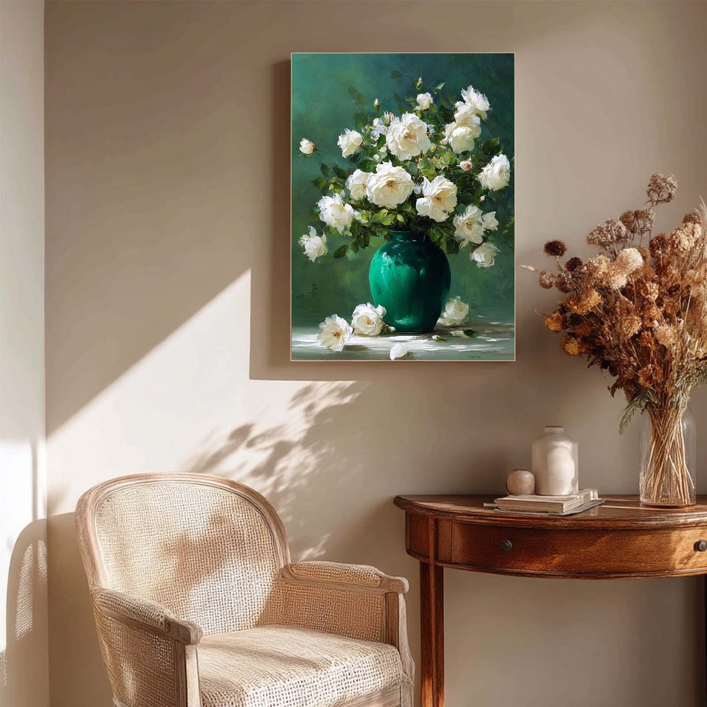 Plant White Rose in Green Vase