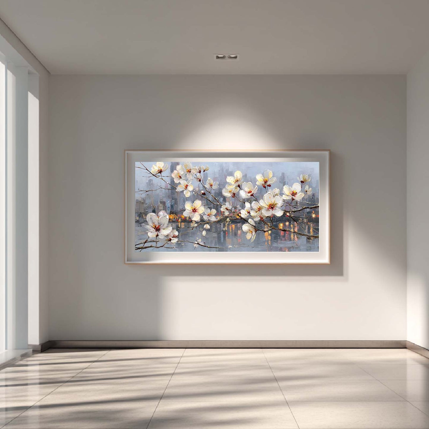 Abstract Oil Painting Pear Blossoms and City Nightscape