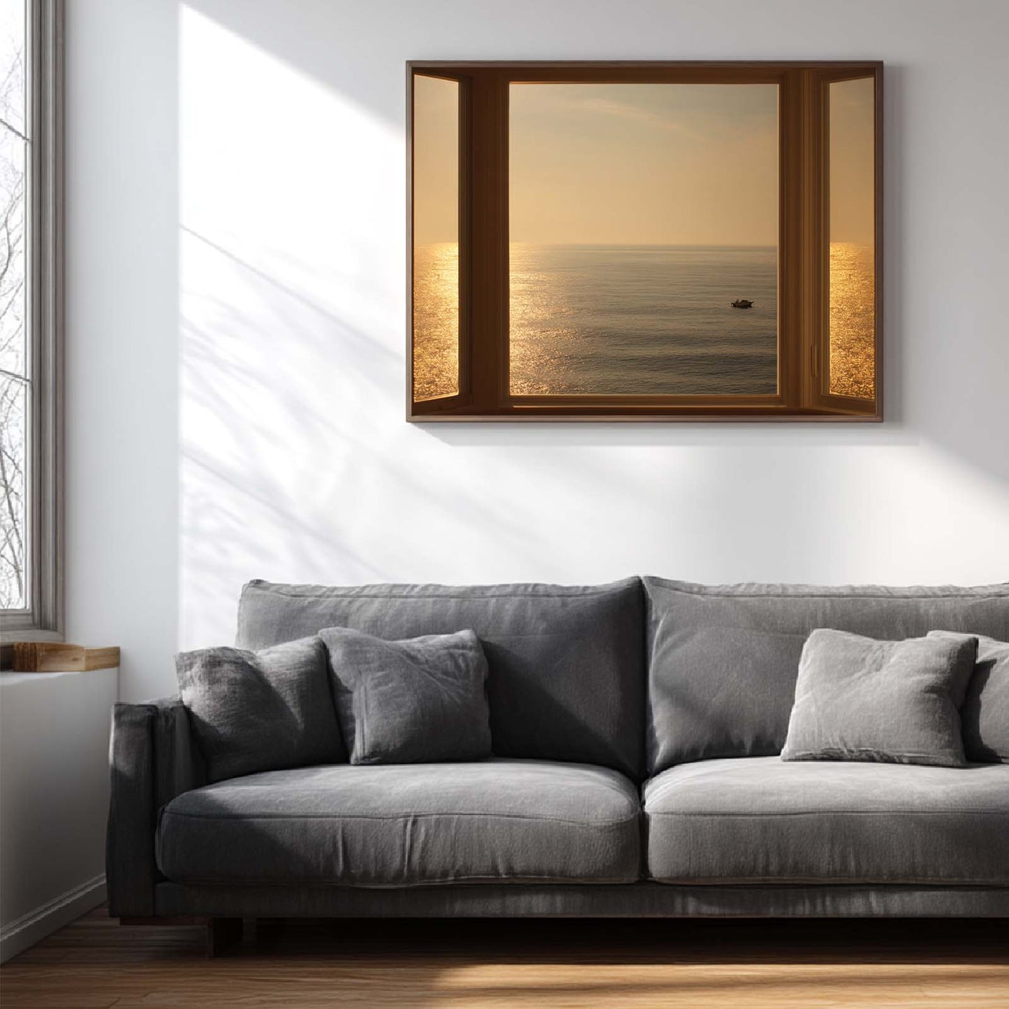 Modern Window View Sea Sunrise Sailboat Canvas Paintin Wall Art for Bathroom Decoration, Poster Print, Frameless