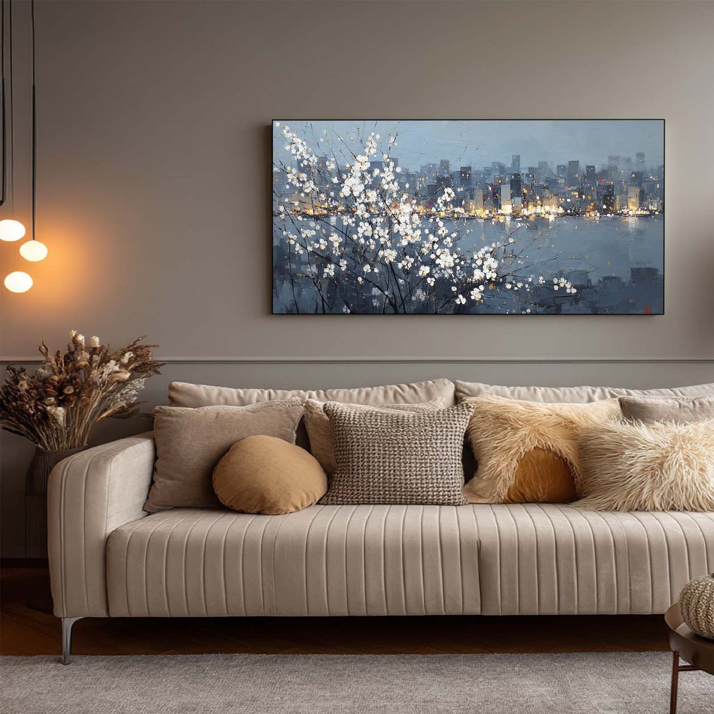 Abstract Oil Painting Pear Blossoms and City Nightscape