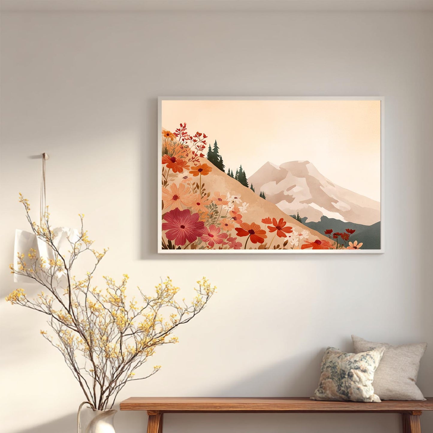 Snowy Mountain Sunset Flowers Hillside Abstract Landscape