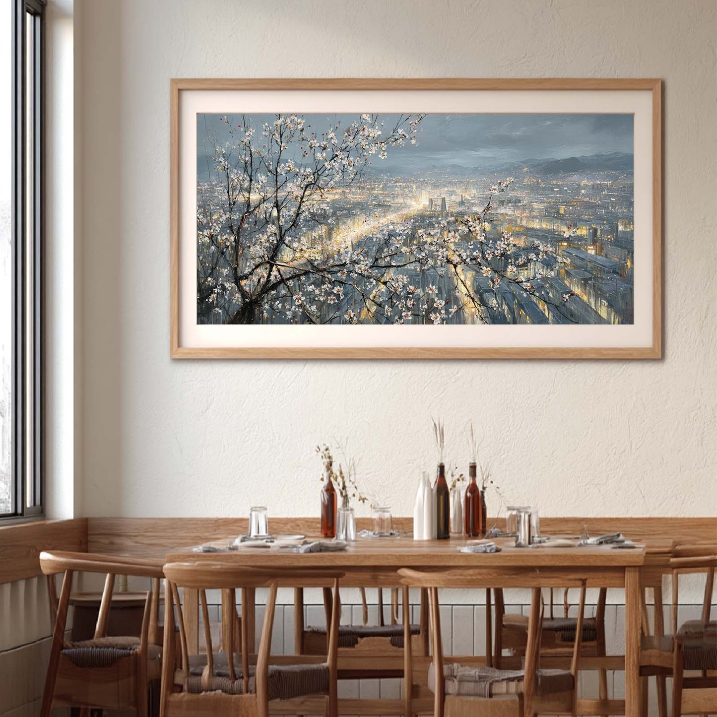 Abstract Oil Painting Pear Blossoms and City Nightscape