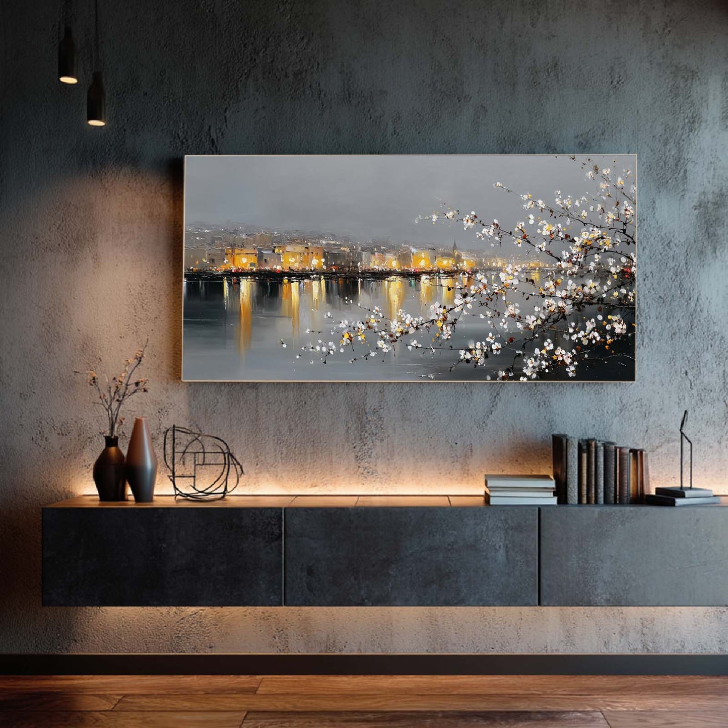 Abstract Oil Painting Pear Blossoms and City Nightscape