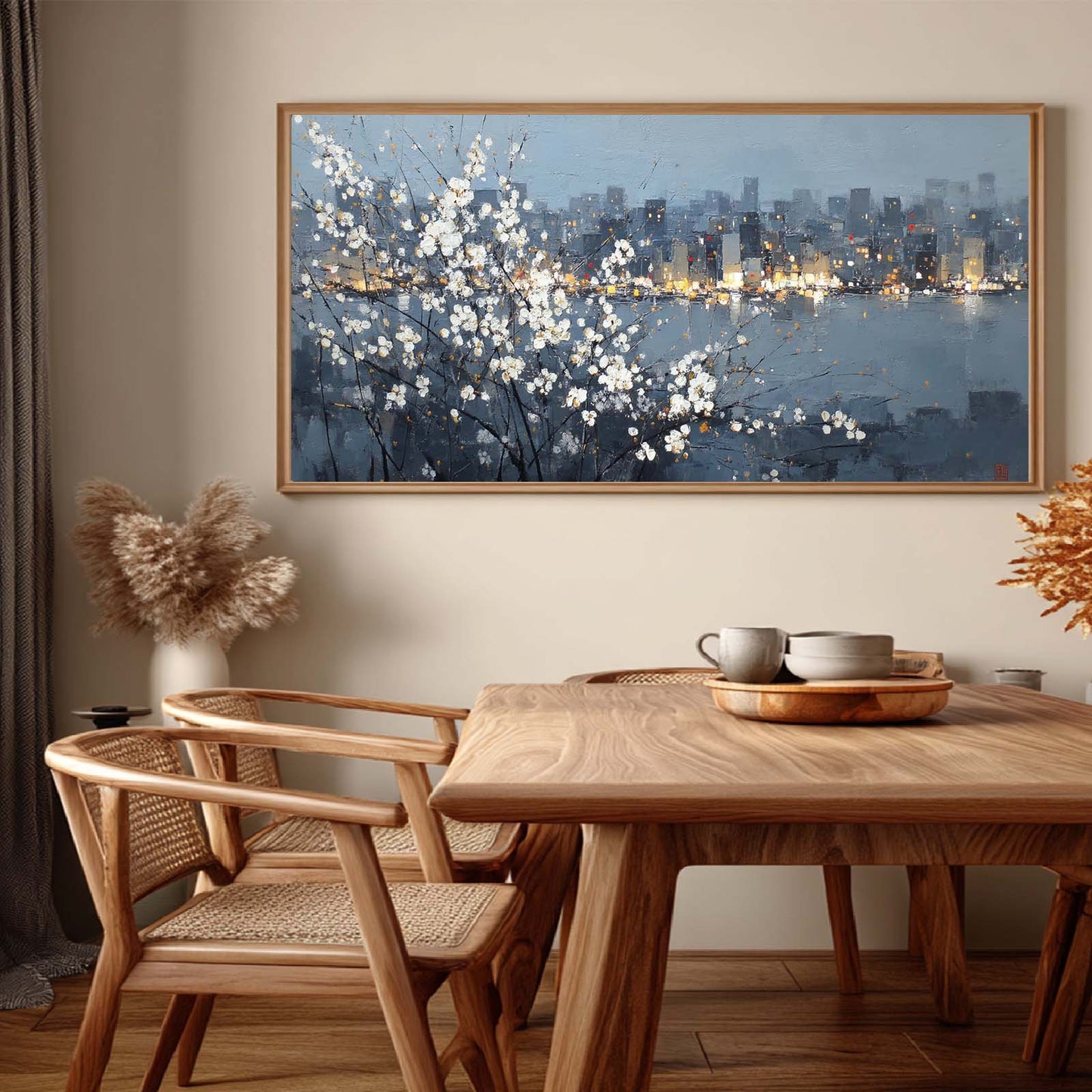 Abstract Oil Painting Pear Blossoms and City Nightscape