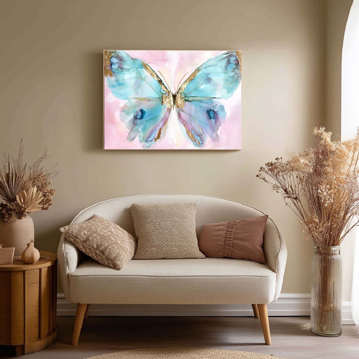 Pink Watercolor Butterfly Abstract Modern Decorative Frameless Canvas Painting