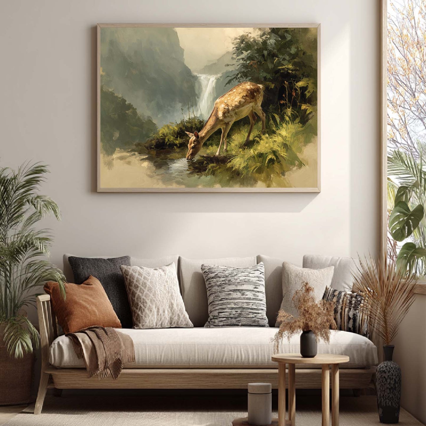 Abstract Deer Animal Canvas Painting Scenery Waterfall Wall Art Pictures for Living Room Bedroom Decoration Canvas Pictures Poster Frameless