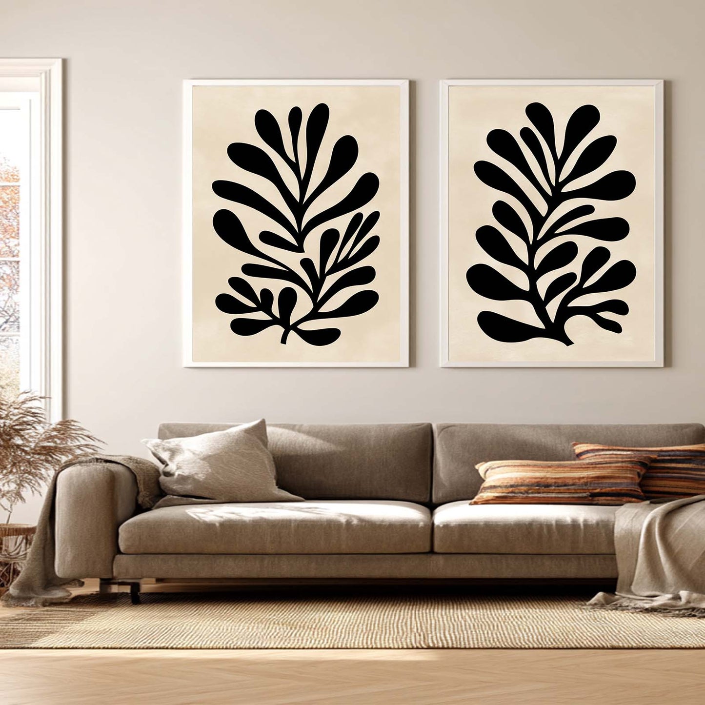 Abstract Leaf Beige Black Canvas Painting Wall Art for Living Room Bedroom Decoration, Poster Print, Frameless