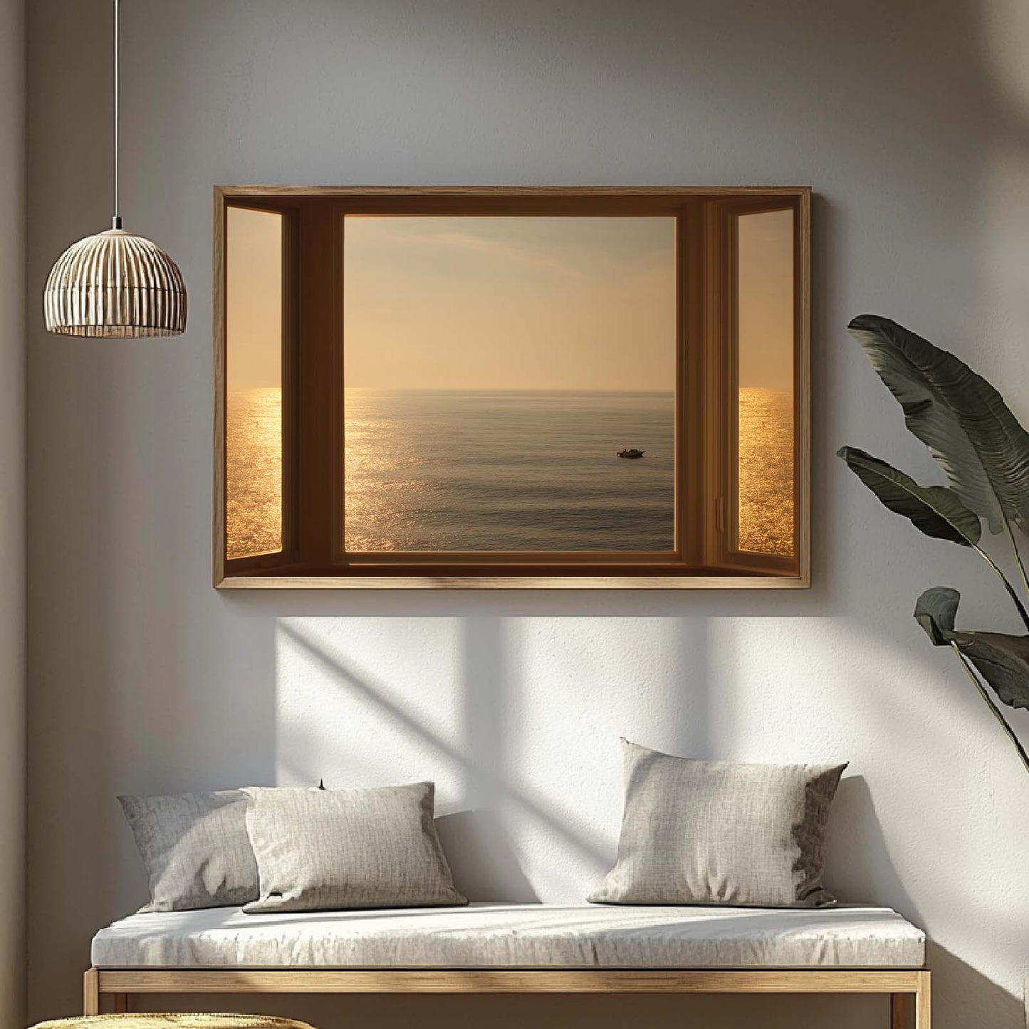 Modern Window View Sea Sunrise Sailboat Canvas Paintin Wall Art for Bathroom Decoration, Poster Print, Frameless