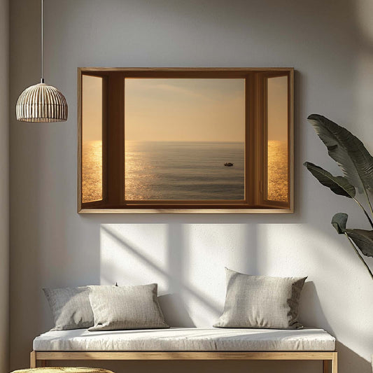 Modern Window View Sea Sunrise Sailboat Canvas Paintin Wall Art for Bathroom Decoration, Poster Print, Frameless