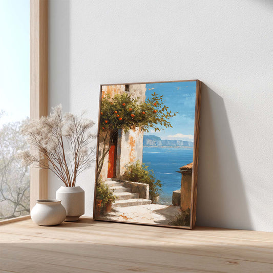 Modern Landscape, Mediterranean Courtyard, Orange Trees, Sea Canvas Paintin Wall Art for Bathroom Decoration, Poster Print, Frameless