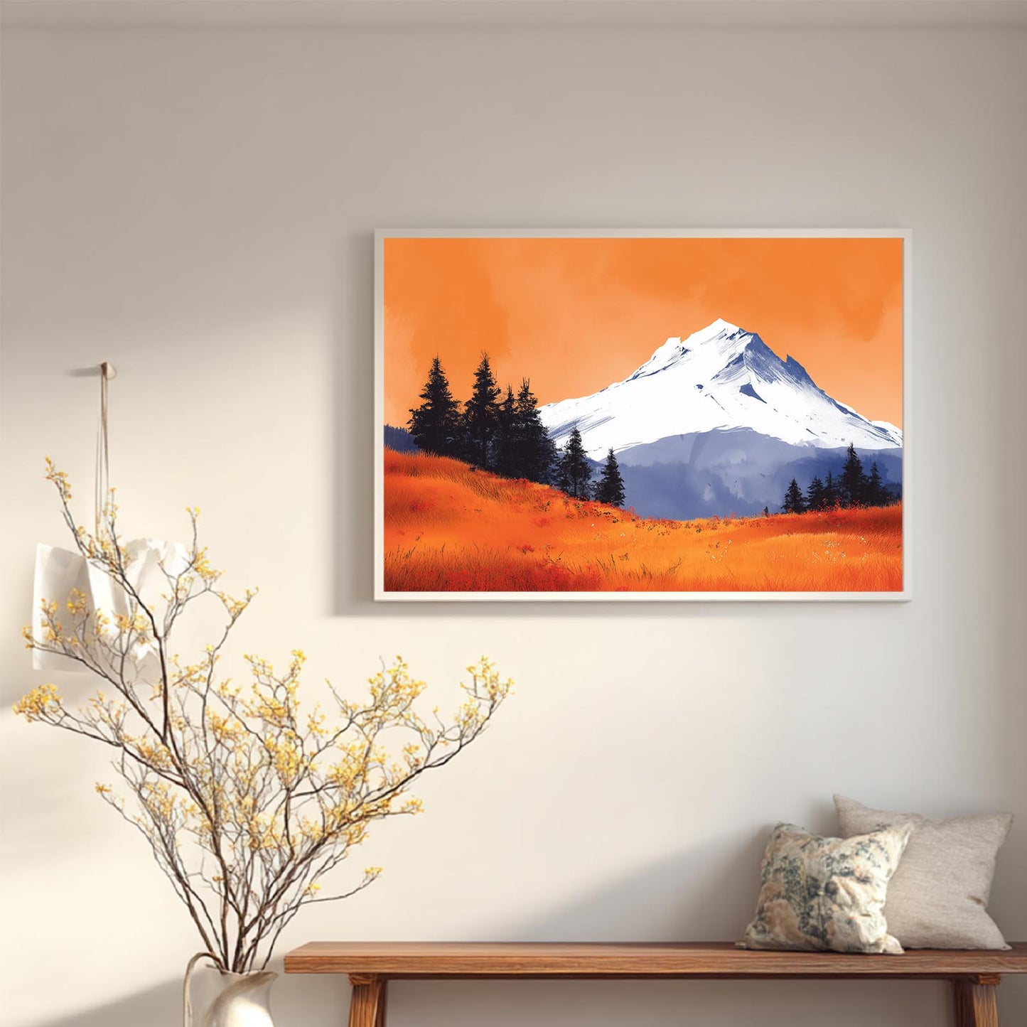 Snowy Mountain Sunset Flowers Hillside Abstract Landscape