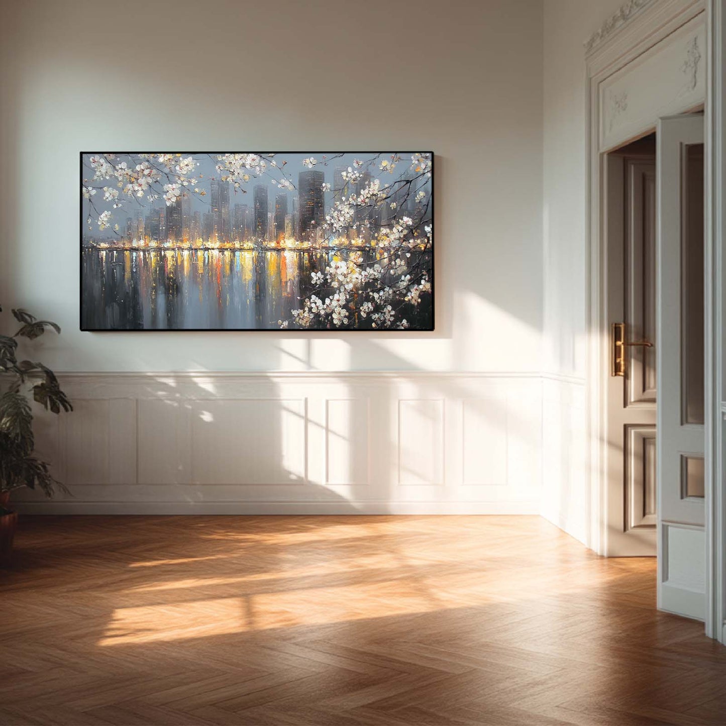 Abstract Oil Painting Pear Blossoms and City Nightscape