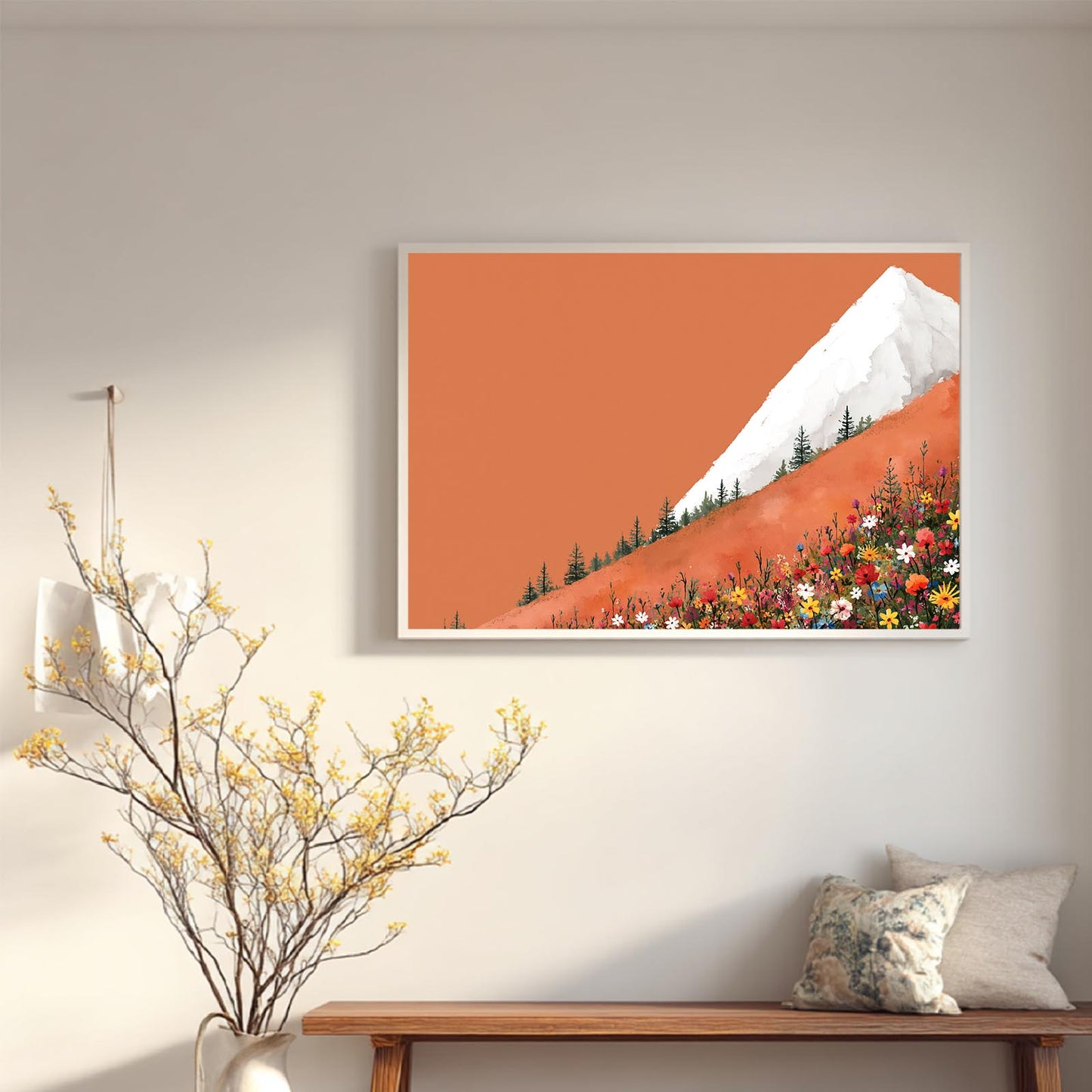 Snowy Mountain Sunset Flowers Hillside Abstract Landscape