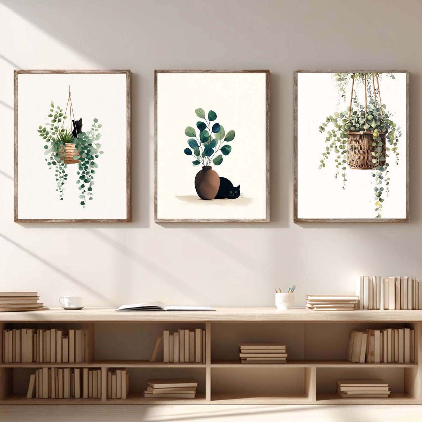 Abstract Green Leaves Plant Vase Cat Canvas Painting Wall Art for Living Room Bedroom Decoration, Poster Print, Frameless