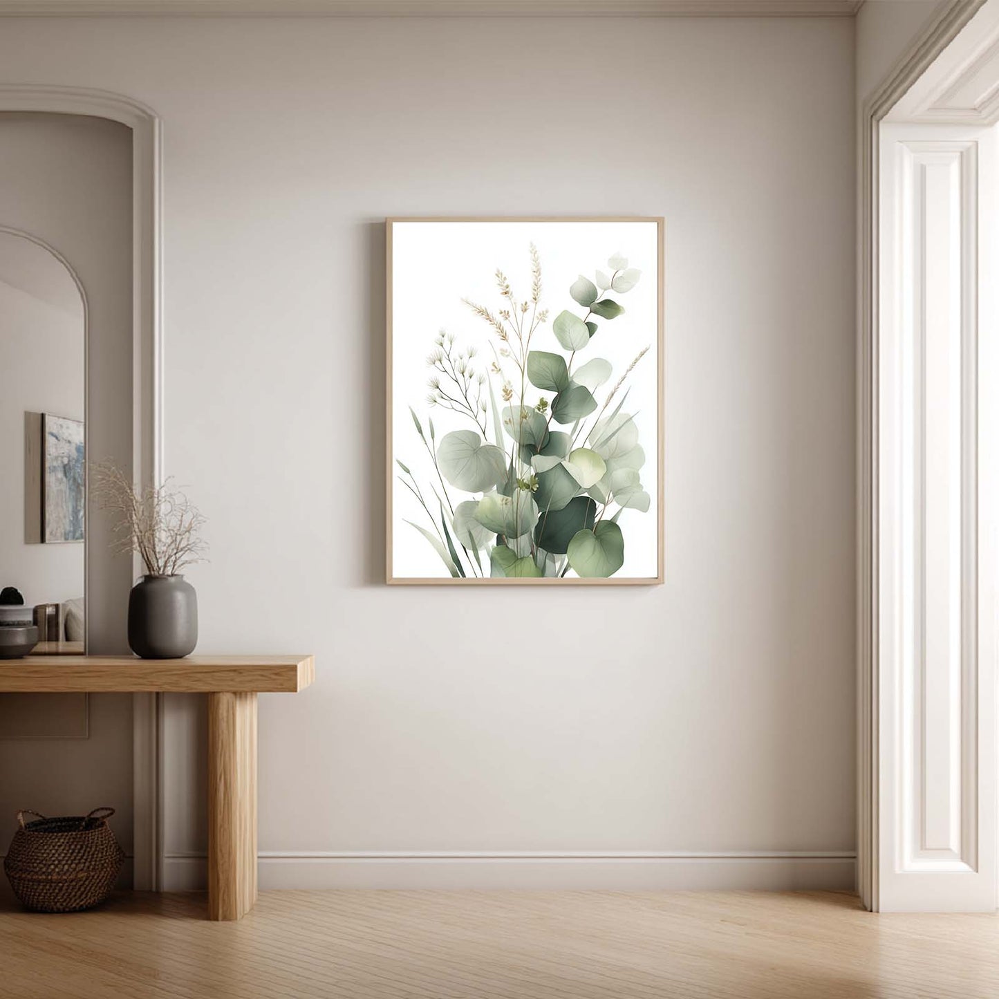 Abstract Green Leaves Plant Vase Cat Canvas Painting Wall Art for Living Room Bedroom Decoration, Poster Print, Frameless