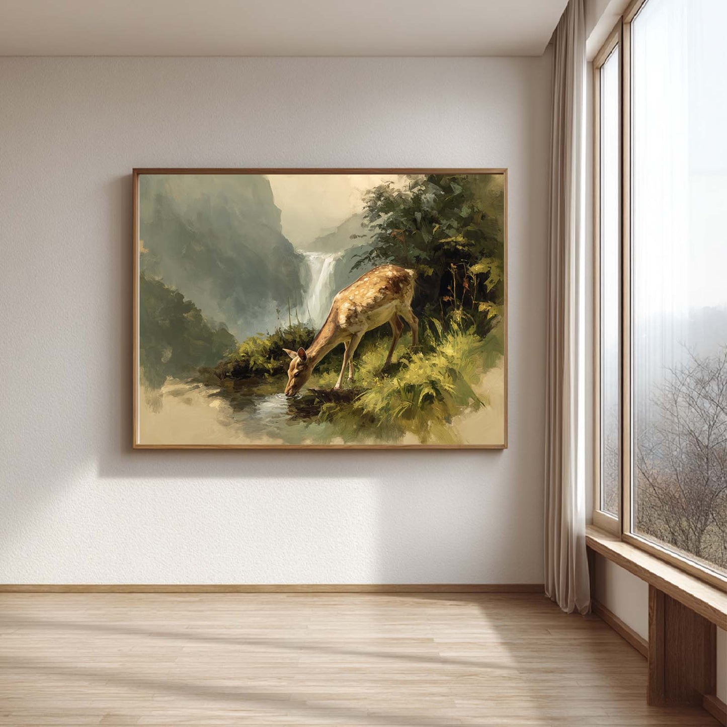 Abstract Deer Animal Canvas Painting Scenery Waterfall Wall Art Pictures for Living Room Bedroom Decoration Canvas Pictures Poster Frameless