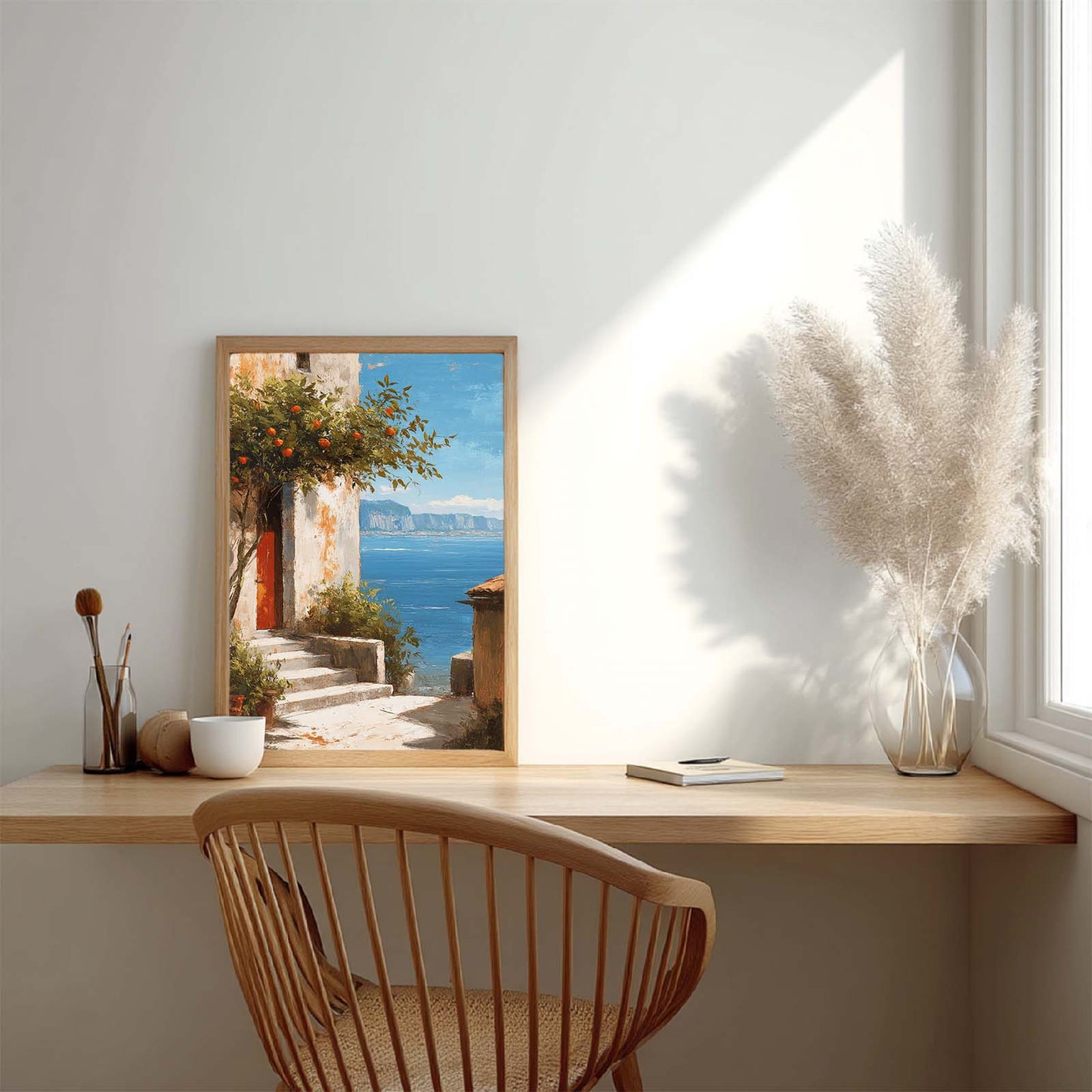 Modern Landscape, Mediterranean Courtyard, Orange Trees, Sea Canvas Paintin Wall Art for Bathroom Decoration, Poster Print, Frameless
