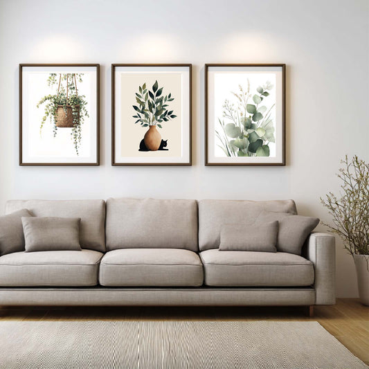 Abstract Green Leaves Plant Vase Cat Canvas Painting Wall Art for Living Room Bedroom Decoration, Poster Print, Frameless