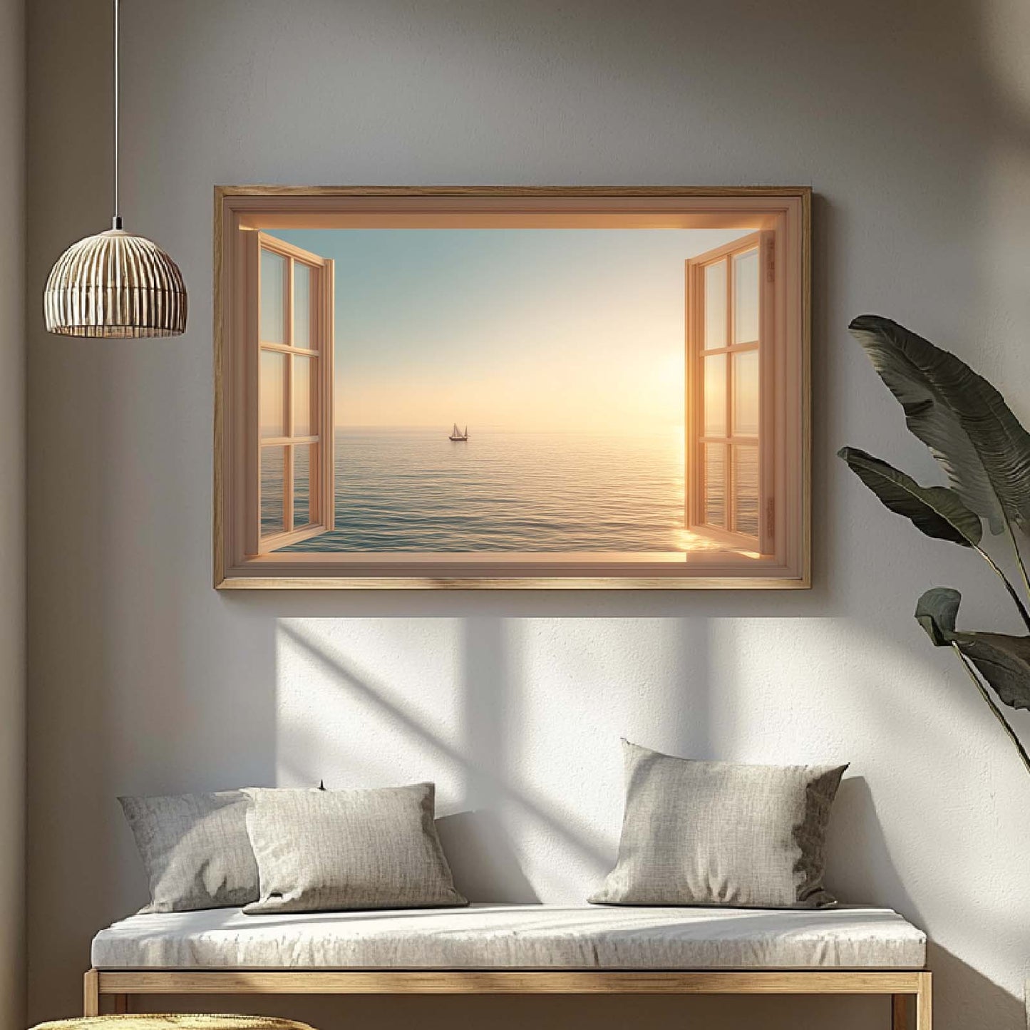 Modern Window View Sea Sunrise Sailboat Canvas Paintin Wall Art for Bathroom Decoration, Poster Print, Frameless