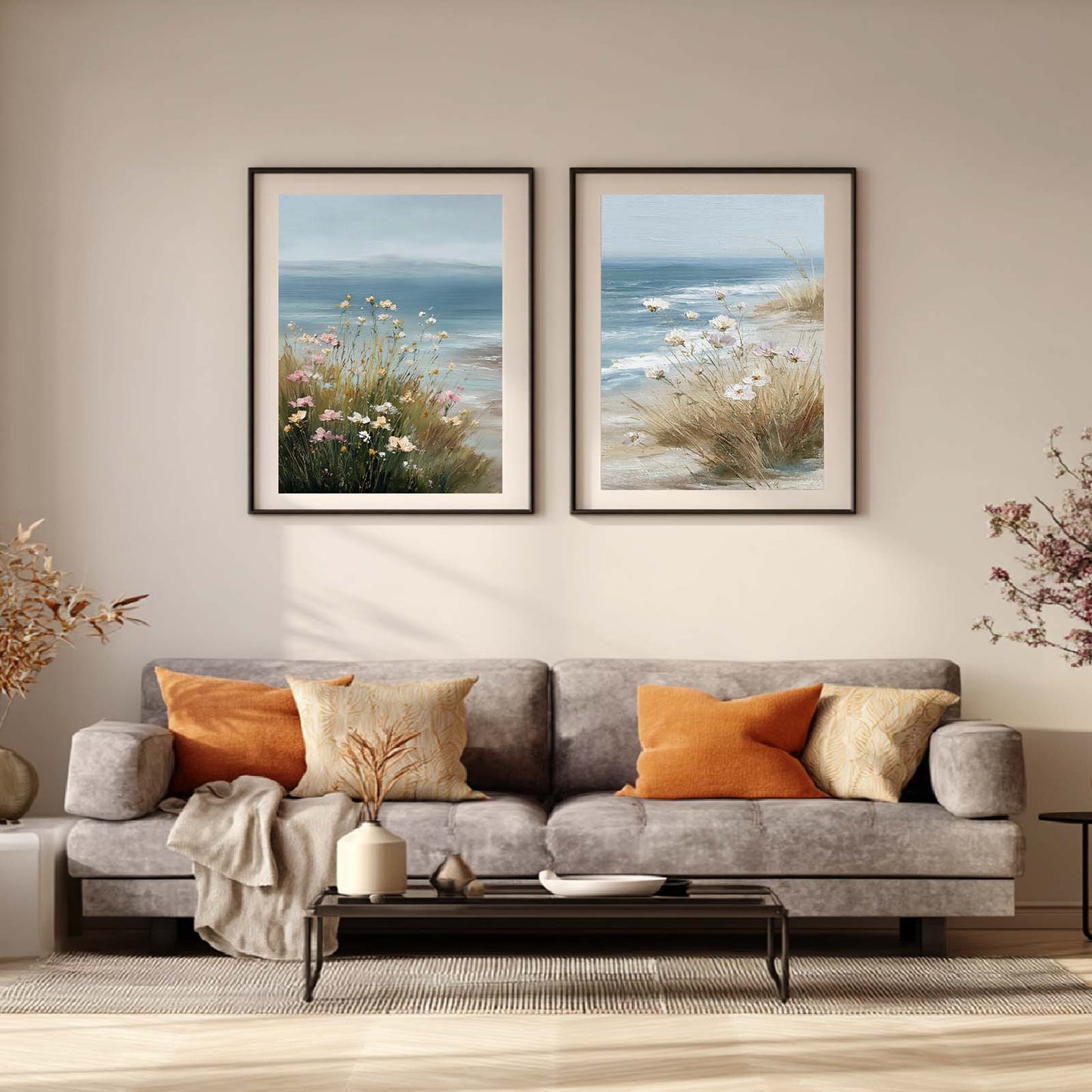 Abstract Landscape Flowers by the Sea Canvas Painting – Wall Art for Living Room Bedroom Decoration, Poster Print, Frameless
