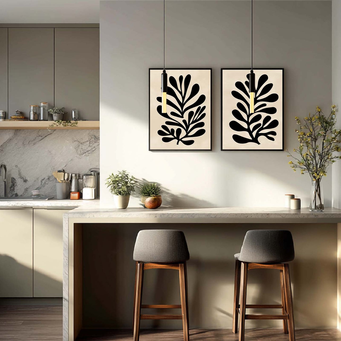 Abstract Leaf Beige Black Canvas Painting Wall Art for Living Room Bedroom Decoration, Poster Print, Frameless